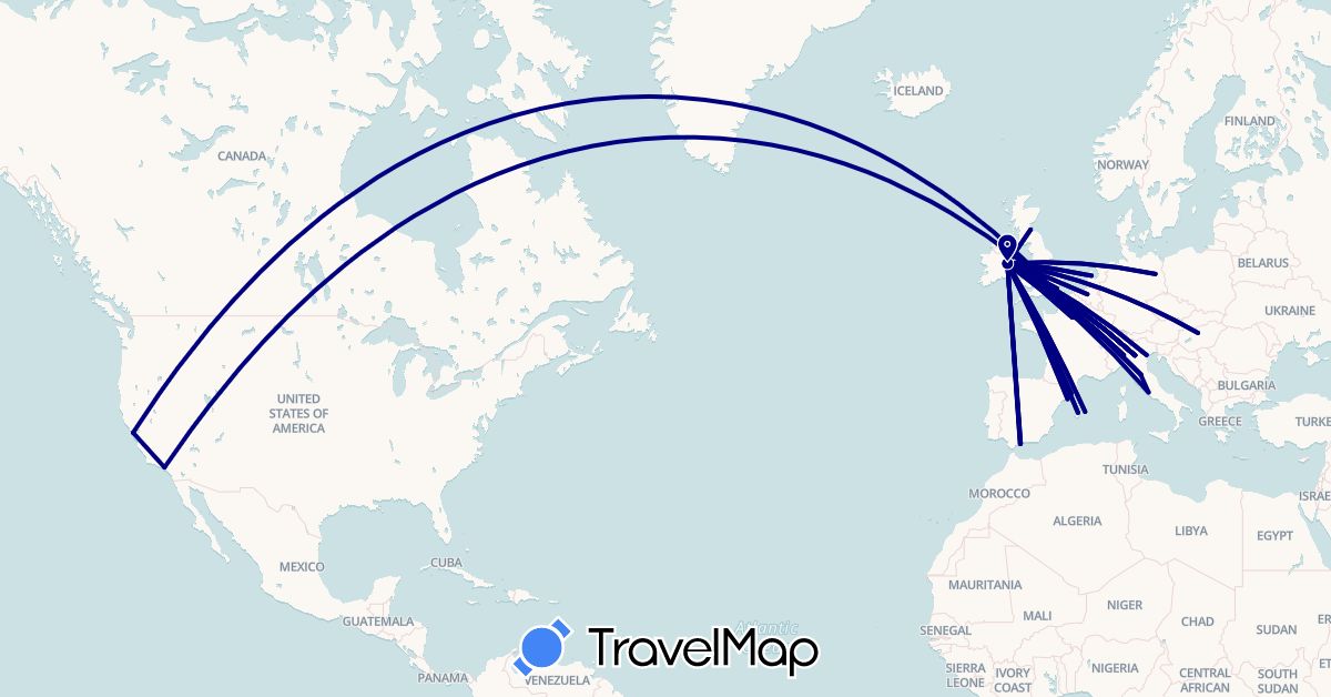 TravelMap itinerary: driving in Belgium, Germany, Spain, France, United Kingdom, Hungary, Ireland, Italy, Netherlands, United States (Europe, North America)